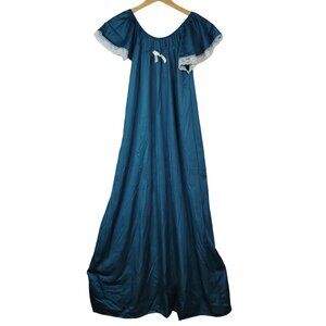 Dream Wear Nylon NIghtgown Blue Green Medium Lace Trim Lingerie USA Elastic VTG